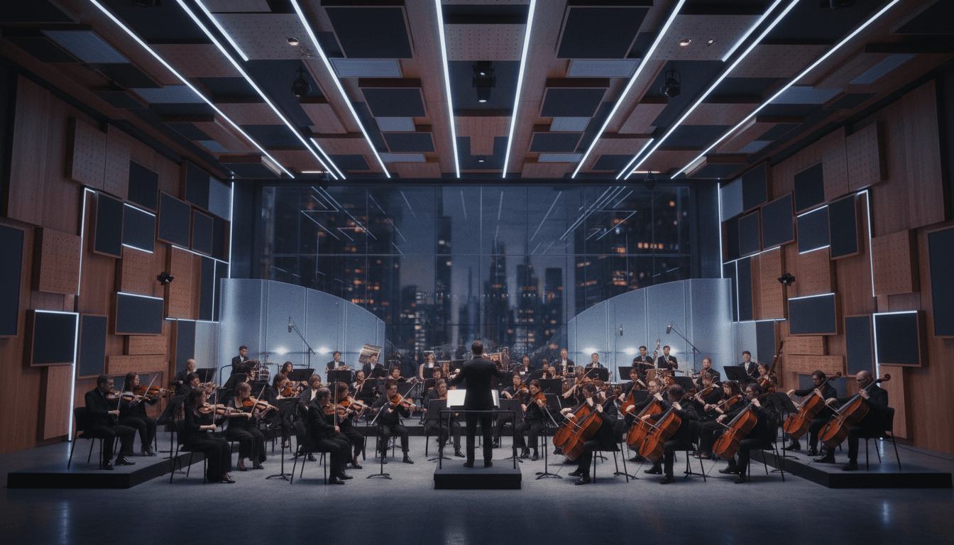Professional film scoring studio with orchestra setup