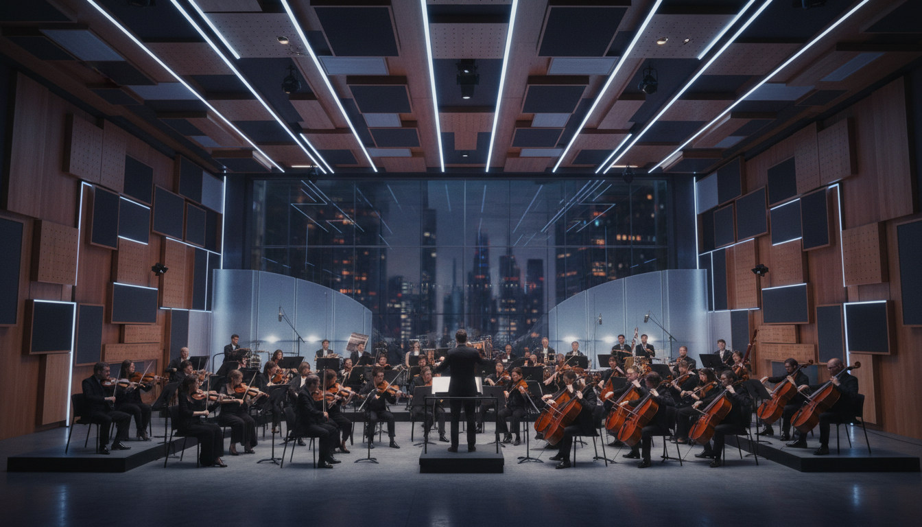 Professional film scoring studio with orchestra setup