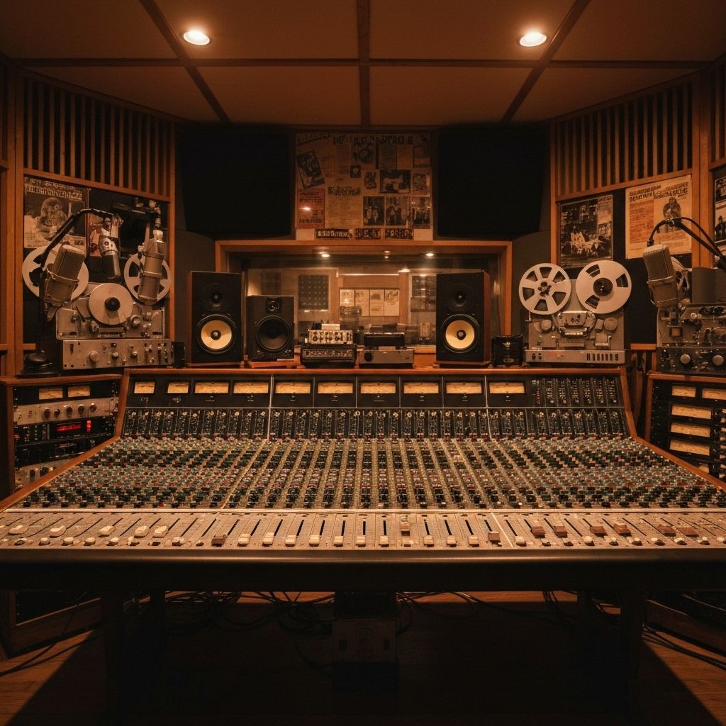 Professional recording studio with vintage analog mixing console, microphones, and classic recording equipment